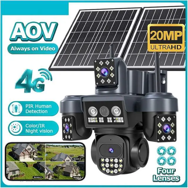 Alt view image 3 of 7 - 20MP 4-Lens AOV Solar Security Camera, 4G Outdoor Cam with 16000mAh Battery, AI Human Detection, Light Alarm & Two-Way Intercom