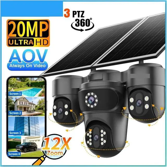 Alt view image 3 of 7 - 4-Lens AOV Solar Security Camera, 4G SIM Outdoor CCTV with 12X Optical Zoom, Auto Zoom Tracking & 24/7 Continuous Recording
