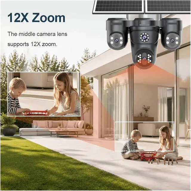 Alt view image 5 of 7 - 4-Lens AOV Solar Security Camera, 4G SIM Outdoor CCTV with 12X Optical Zoom, Auto Zoom Tracking & 24/7 Continuous Recording