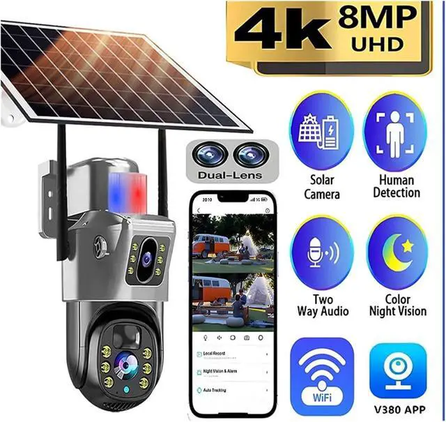 Alt view image 3 of 7 - 4K 8MP Dual Screen Solar PTZ Security Camera, Outdoor Wireless WiFi Cam with PIR Human Auto Tracking & IP66 Waterproof