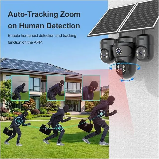 Alt view image 6 of 7 - 4-Lens AOV Solar Security Camera, 4G SIM Outdoor CCTV with 12X Optical Zoom, Auto Zoom Tracking & 24/7 Continuous Recording