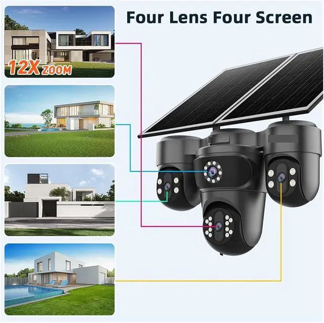 Alt view image 3 of 7 - 20MP 12X Optical Zoom 4-Screen Solar Security Camera, 4G SIM Outdoor AOV PTZ Cam with Auto Tracking & 24/7 Continuous Recording