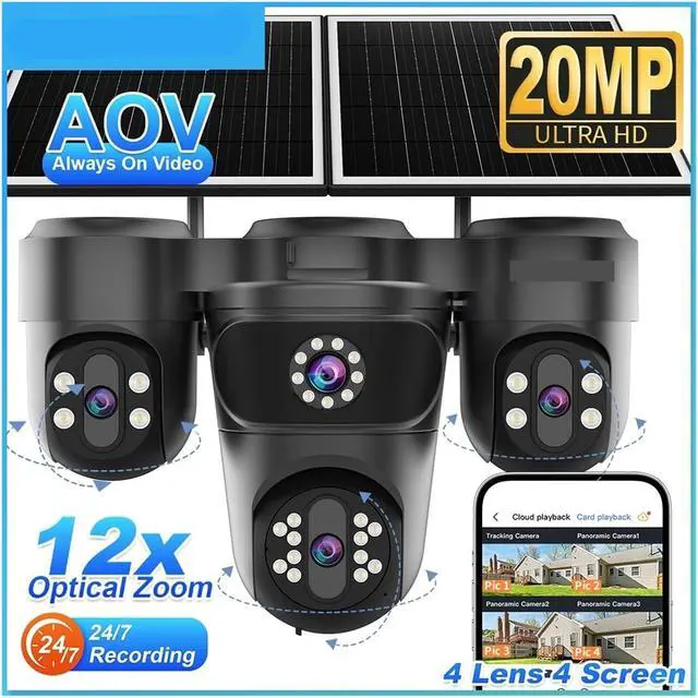 Alt view image 2 of 7 - 20MP 12X Optical Zoom 4-Screen Solar Security Camera, 4G SIM Outdoor AOV PTZ Cam with Auto Tracking & 24/7 Continuous Recording