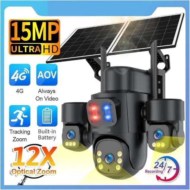 Alt view image 2 of 6 - 15MP 12X Zoom 3-Screen AOV Solar Security Camera, 4G Outdoor CCTV Cam with PIR Auto Tracking & 24/7 Continuous Recording