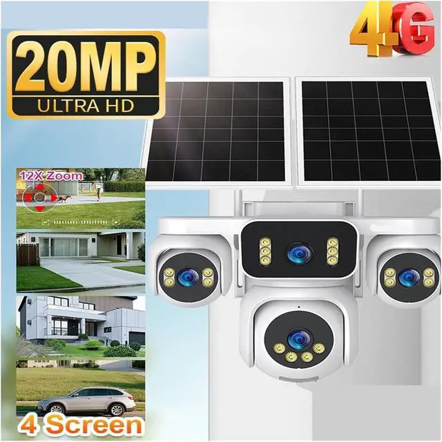 Alt view image 3 of 7 - Four Lens Four Screen Solar PTZ Security Camera, 4G SIM Outdoor Surveillance Cam with AOV 24/7 Continuous Recording & Remote Live View