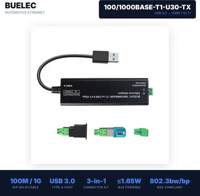 Alt view image 2 of 7 - USB 3.0 to Automotive Single-Pair Ethernet Adapter, 100/1000BASE-T1, Bus Powered, with MATEnet & HMTD Adapters, Plug and Play