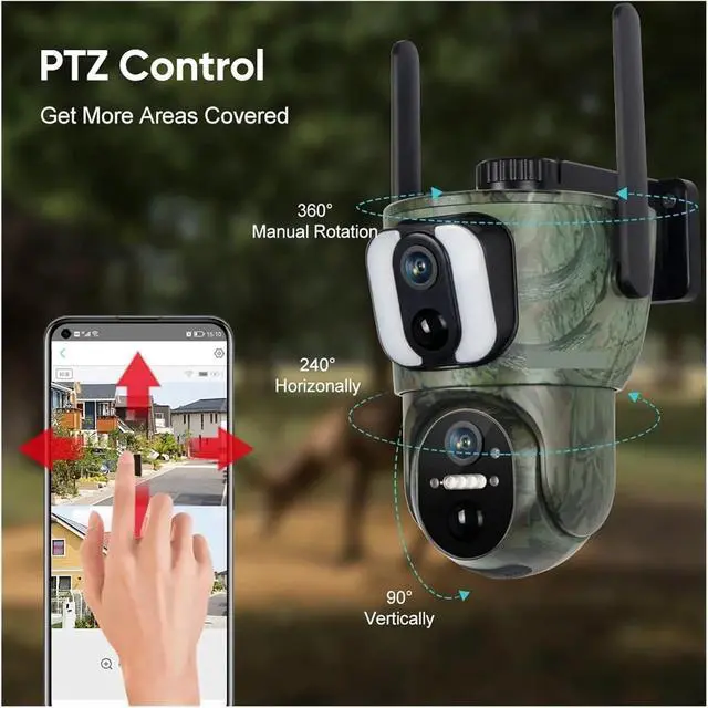 Alt view image 5 of 7 - 20MP Triple Screen Solar PTZ Security Camera, 4G WiFi Outdoor Cam Dual Solar Panels IP66 Waterproof Auto Tracking Night Vision
