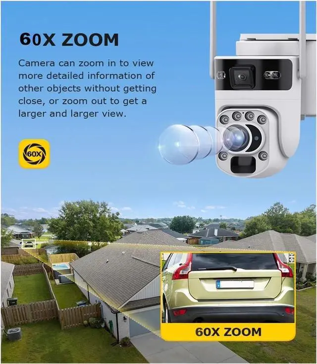 Alt view image 4 of 7 - 12MP 60X Optical Zoom Dual Screen Solar Security Camera, 4G WiFi Outdoor Cam with PIR Detection & Color Night Vision