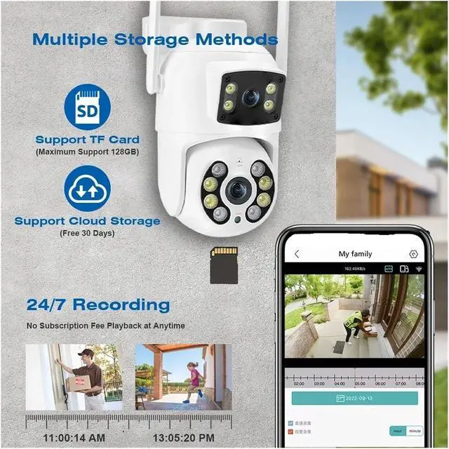 Alt view image 2 of 6 - 4K 8MP Dual Lens Dual Screen PTZ Security Camera, Wireless WiFi Outdoor IP Cam with AI Human Detection & Night Vision