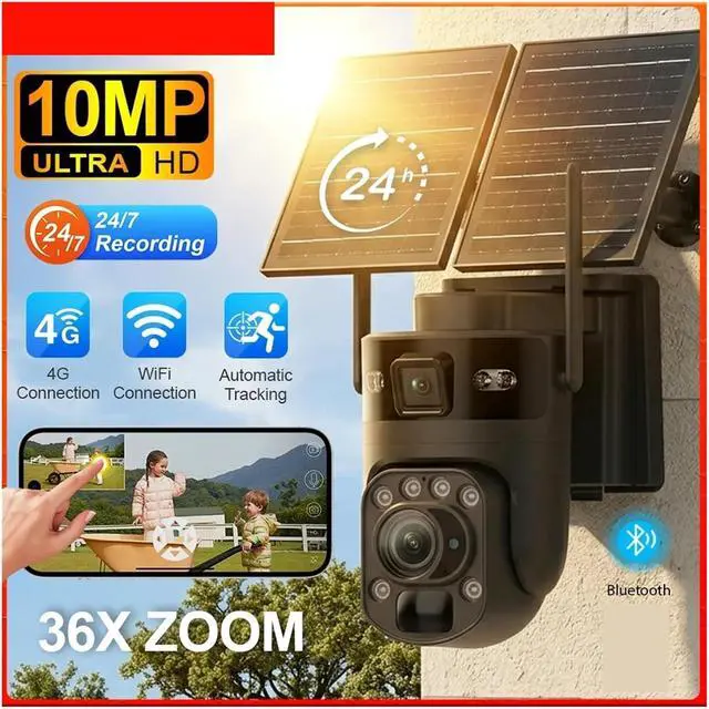 Alt view image 3 of 7 - 10MP Dual Screen Solar Security Camera, 4G WiFi Outdoor Cam with 36X Zoom, AOV+PIR & Human Auto Tracking, 24/7 Recording