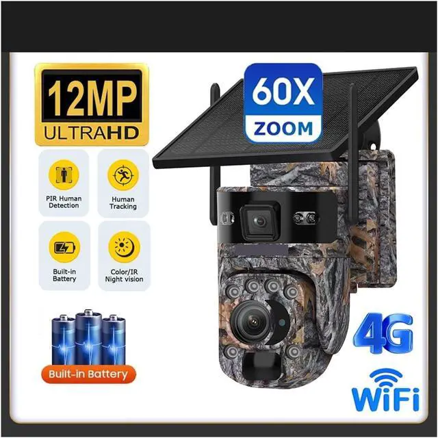 Alt view image 3 of 7 - 12MP 60X Optical Zoom Dual Screen Solar PTZ Security Camera, 4G WiFi Outdoor Cam with PIR Detection & Auto Tracking