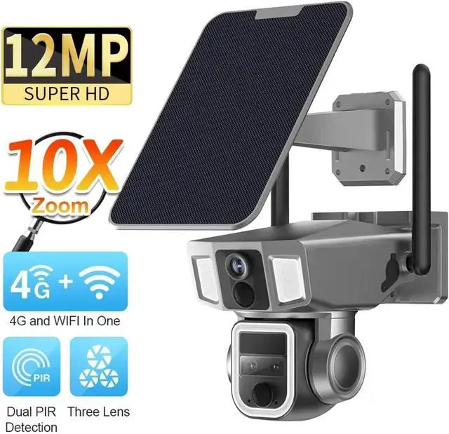 Alt view image 2 of 7 - 12MP 2 in 1 4G and WiFi Dual Screen Solar Camera OutdoorThree Lens Dual PIR Detection 10X Zoom Auto Tracking CCTV Cam