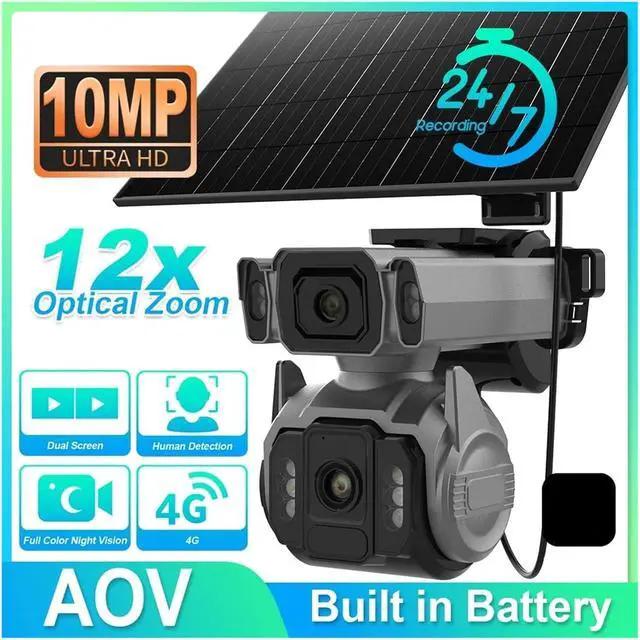 Alt view image 3 of 7 - 12X Optical Zoom Dual Screen Solar Security Camera, 4G WiFi Outdoor Surveillance Cam with AI Tracking & 24/7 Continuous Recording