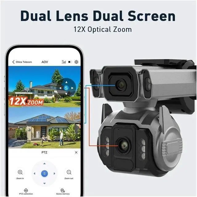 Alt view image 5 of 7 - 12X Optical Zoom Dual Screen Solar Security Camera, 4G WiFi Outdoor Surveillance Cam with AI Tracking & 24/7 Continuous Recording
