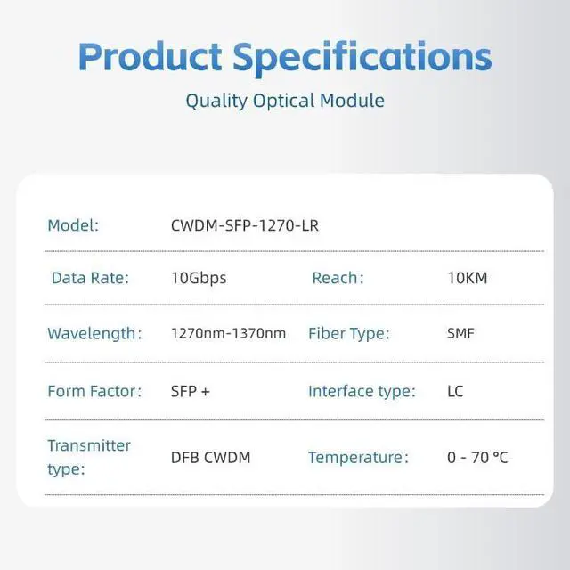 Alt view image 3 of 7 - CWDM-SFP-1270-LR SFP+ Optical Transceiver, 10G Dual Fiber LC SMF, 1270nm Wavelength, 10KM Reach, Commercial Grade