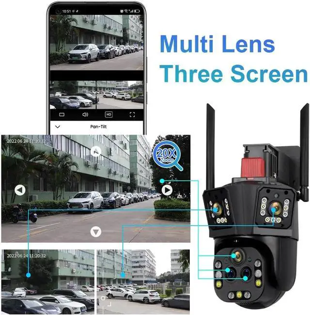 Alt view image 3 of 7 - 10K 20MP Five Lens 20X Zoom WiFi IP Camera Three Screen Auto Tracking PTZ Cam 360 Outdoor Surveillance Security Camera