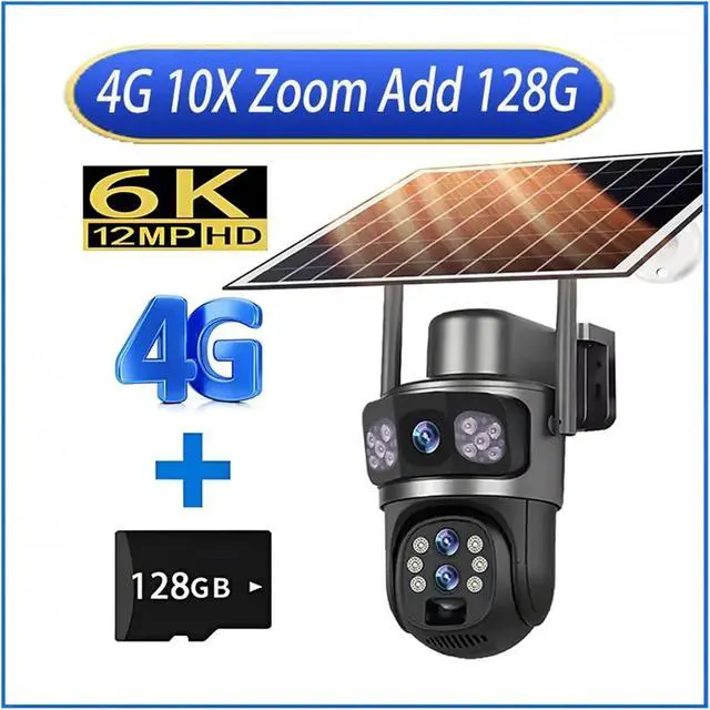 Alt view image 2 of 7 - 10X Zoom 4G Sim Solar Camera Outdoor 6K 12MP Three Lens Security Surveillance Camera PIR Auto Tracking IP Solar CCTV