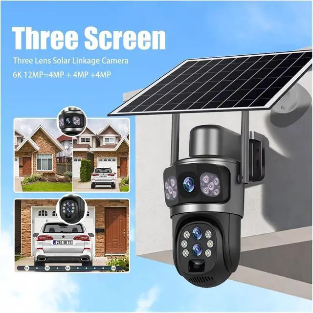 Alt view image 4 of 7 - 10X Zoom 4G Sim Solar Camera Outdoor 6K 12MP Three Lens Security Surveillance Camera PIR Auto Tracking IP Solar CCTV