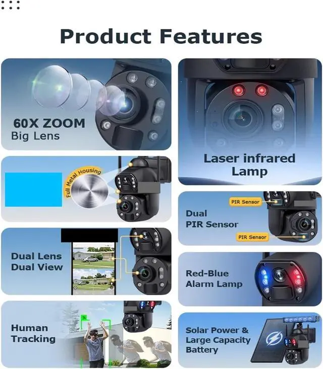 Alt view image 5 of 7 - Solar Outdoor Security Camera, 12MP 8K 60X Zoom 4G SIM Dual Lens Cam, Dual PIR Humanoid Auto Tracking with Real-Time Alerts