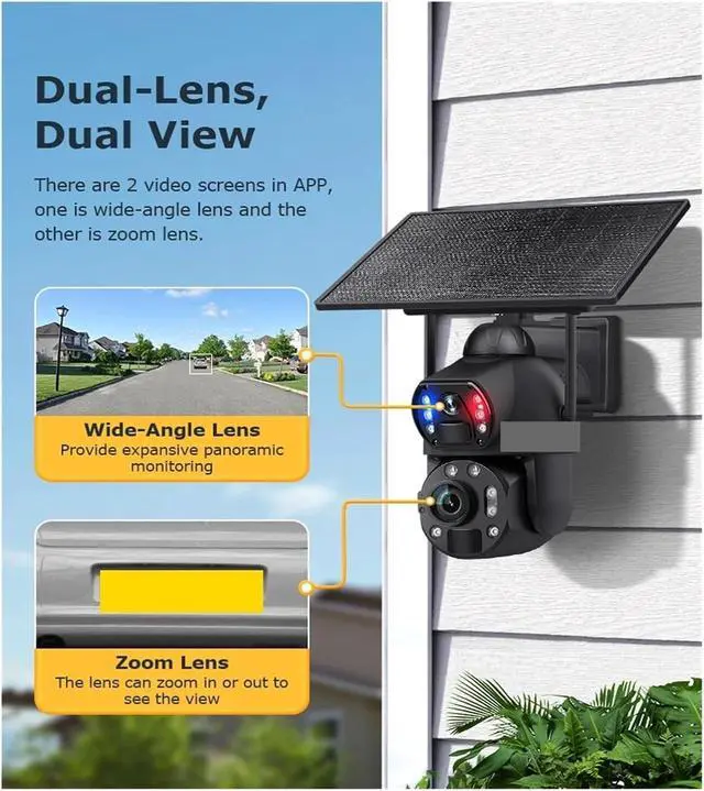 Alt view image 7 of 7 - Solar Outdoor Security Camera, 12MP 8K 60X Zoom 4G SIM Dual Lens Cam, Dual PIR Humanoid Auto Tracking with Real-Time Alerts