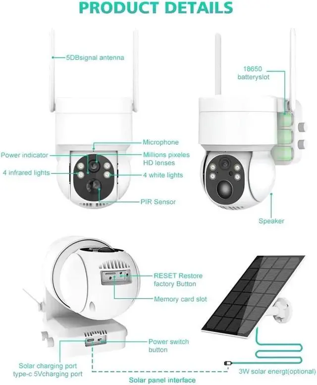 Alt view image 4 of 5 - 4MP 2.5K Solar WiFi PTZ Security Camera Outdoor, Battery Powered PIR Detection Wireless Surveillance Cam Support ICSee