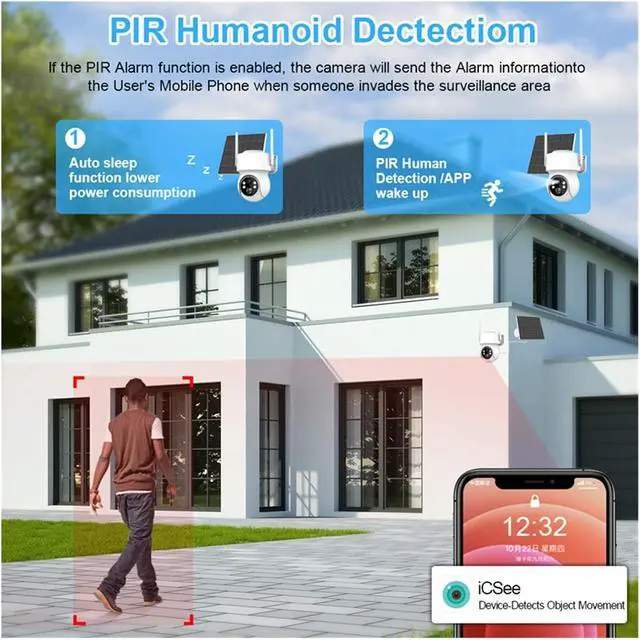 Alt view image 4 of 7 - 2MP 3MP Solar WiFi PTZ Security Camera Outdoor, Built-in Battery Long Standby Wireless Surveillance Cam Support iCSEE App(3MP WiFi and 32G SD)