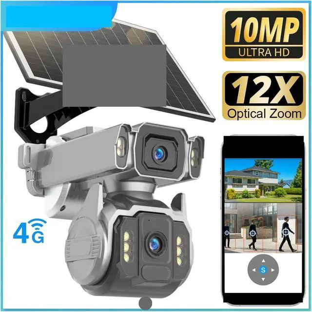 Alt view image 3 of 7 - 10MP AOV 4G Solar Security Camera Dual Screen 12X Optical Zoom 24/7 Recording AI Human Tracking Surveillance Cam(4G AOV Cam Add 32GB)