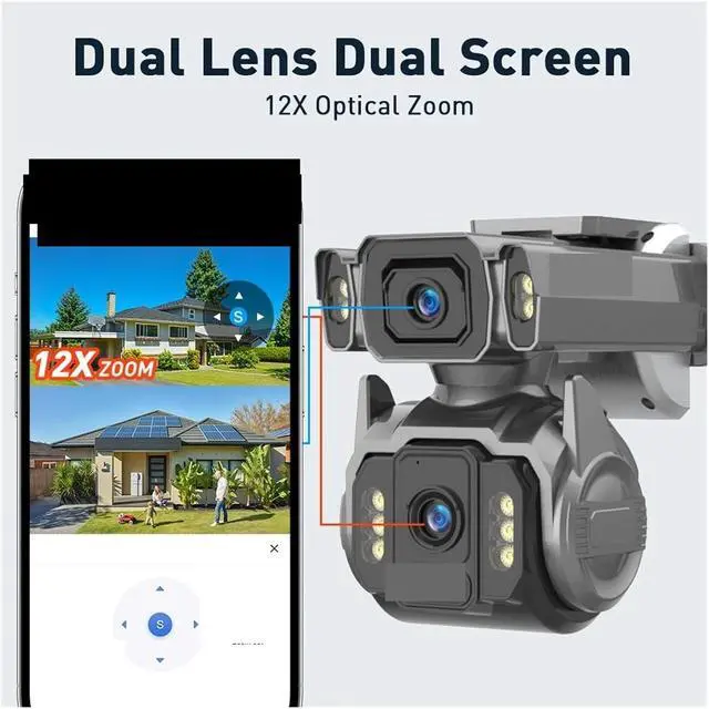 Alt view image 5 of 7 - 10MP AOV 4G Solar Security Camera Dual Screen 12X Optical Zoom 24/7 Recording AI Human Tracking Surveillance Cam(4G AOV Cam Add 32GB)