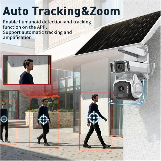 Alt view image 6 of 7 - 10MP AOV 4G Solar Security Camera Dual Screen 12X Optical Zoom 24/7 Recording AI Human Tracking Surveillance Cam(4G AOV Cam Add 32GB)
