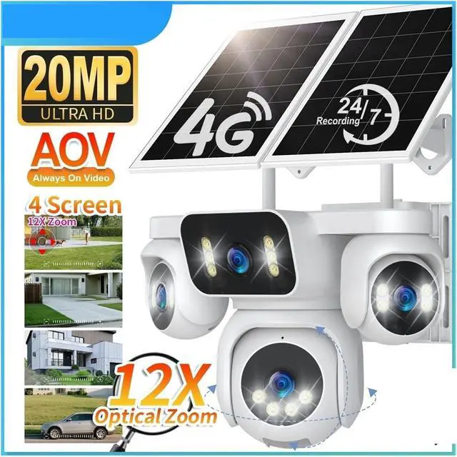 Alt view image 5 of 5 - Vision 20MP Four Screens 4G AOV Solar Camera Outdoor 24/7 Record Wireless 12XOptical Zoom PTZ Waterproof CCTV Security Camera(4G 16XZoom Add 128G)