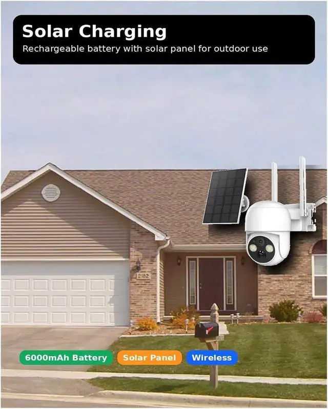 Alt view image 4 of 6 - 3MP WiFi Solar PTZ Security Camera with 6000mAh Battery, Full Color Alarm Recording, PIR Sensor, IP65 Outdoor Waterproof
