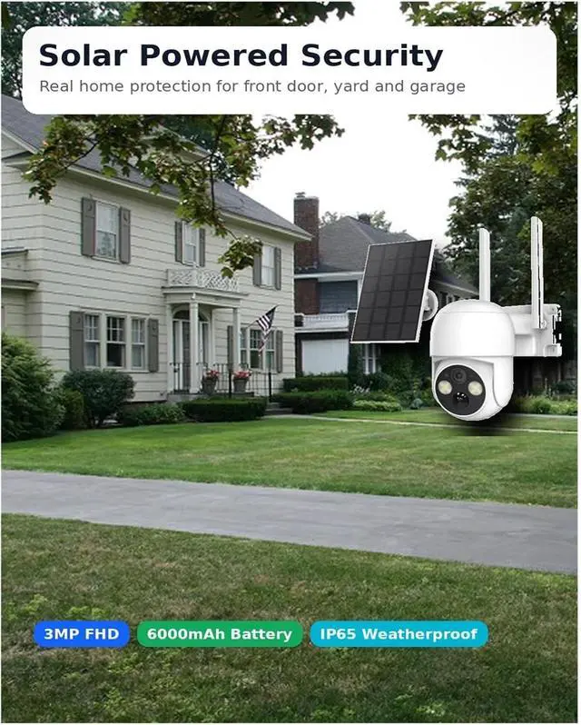 Alt view image 3 of 6 - 3MP WiFi Solar PTZ Security Camera with 6000mAh Battery, Full Color Alarm Recording, PIR Sensor, IP65 Outdoor Waterproof