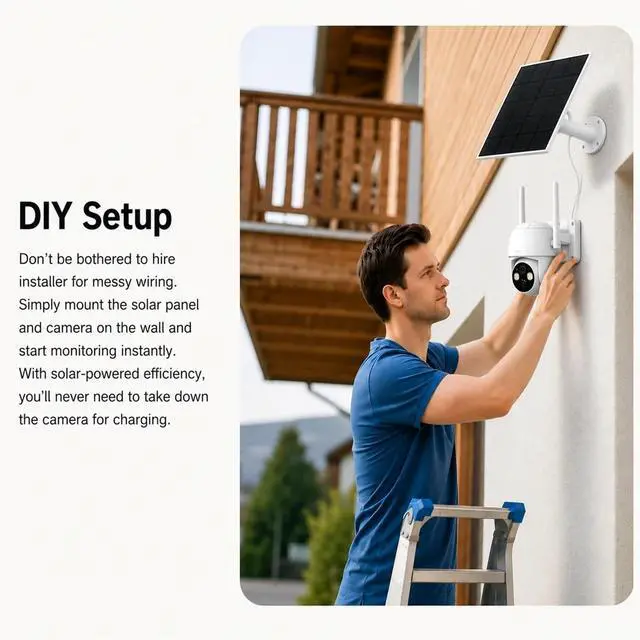 Alt view image 4 of 6 - 3MP Pan Tilt Solar Security Camera with 355° Rotation, 6000mAh Battery, Full Color Night Vision, PIR Detection, IP65 Waterproof