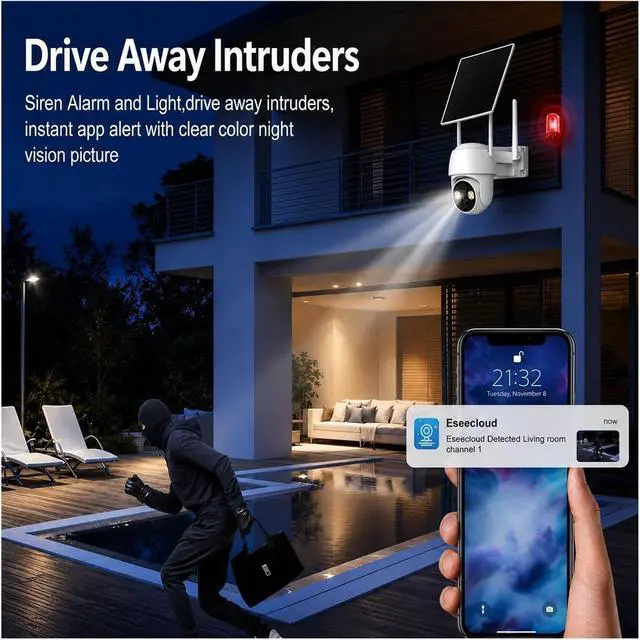 Alt view image 6 of 6 - 3MP Pan Tilt Solar Security Camera with 355° Rotation, 6000mAh Battery, Full Color Night Vision, PIR Detection, IP65 Waterproof