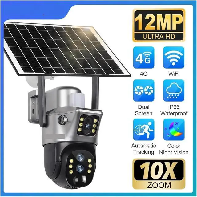 Alt view image 3 of 7 - Vision 12MP 4G/WiFi Dual Screen Solar Camera Outdoor 10X Zoom 6K Three Lens Human Auto Tracking Surveillance Camera(4G 10xZoom 32G)