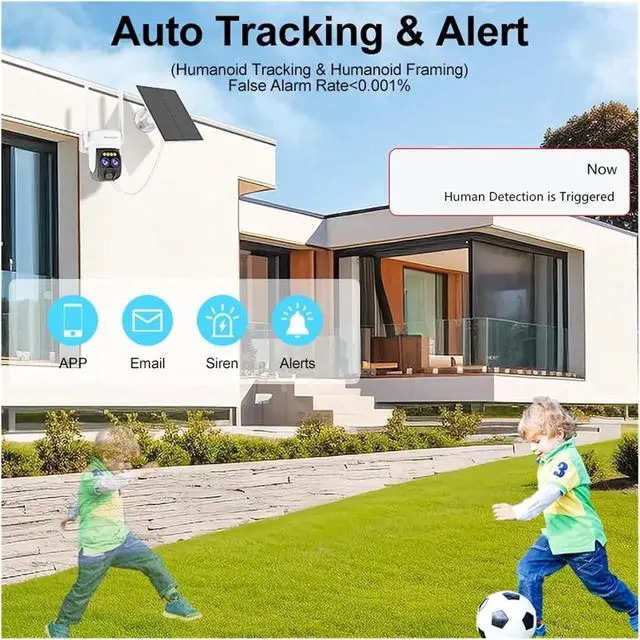 Alt view image 3 of 6 - 3MP 2K Outdoor WiFi Dual Lens Camera 5X Zoom PTZ Solar Camera AI Auto Tracking CCTV Surveillance IP Camera(Solar Camera Add 64G)