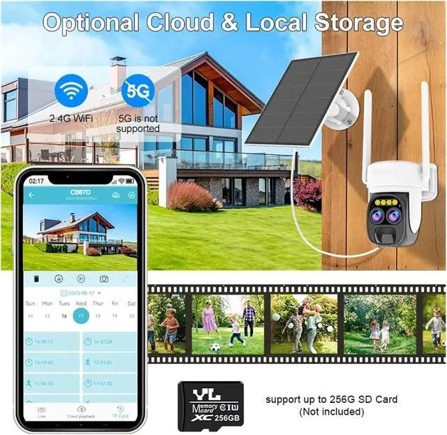 Alt view image 5 of 6 - 3MP 2K Outdoor WiFi Dual Lens Camera 5X Zoom PTZ Solar Camera AI Auto Tracking CCTV Surveillance IP Camera(Solar Camera Add 64G)