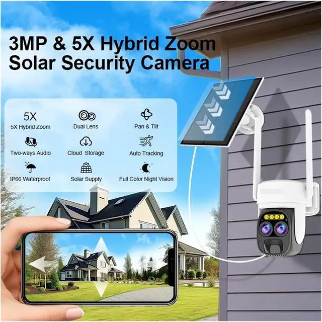 Alt view image 2 of 6 - 3MP 2K Outdoor WiFi Dual Lens Camera 5X Zoom PTZ Solar Camera AI Auto Tracking CCTV Surveillance IP Camera(Solar Camera Add 64G)