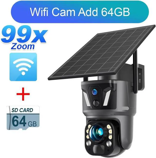 Alt view image 2 of 7 - 8MP 4G Solar Powered PTZ Security Camera, Dual Lens Dual Screen 99X Zoom Outdoor WiFi CCTV Cam with PIR Motion Detection & Auto Tracking(WiFi Cam Add 64GB)