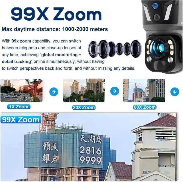 Alt view image 4 of 7 - 8MP 4G Solar Powered PTZ Security Camera, Dual Lens Dual Screen 99X Zoom Outdoor WiFi CCTV Cam with PIR Motion Detection & Auto Tracking(WiFi Cam Add 64GB)