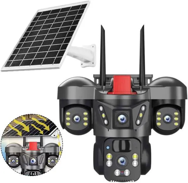 Alt view image 2 of 6 - 360° 4K Solar Security Camera, 3-Lens 3-Screen Wireless WiFi Cam with Smart Dual Detection for Outdoor Monitoring