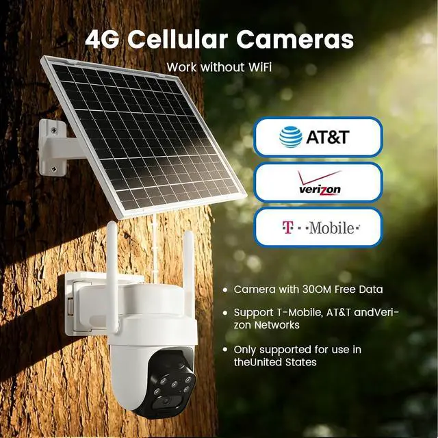Alt view image 3 of 3 - Sunrain 24/7 Recording 4G LTE Solar Security Camera Outdoor No Wi-Fi 2K Night Vision Two-Way Talk