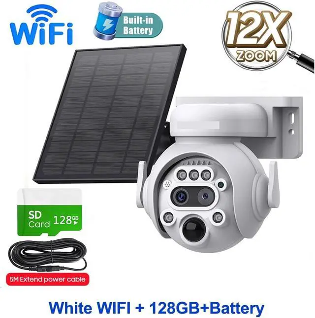 Alt view image 2 of 7 - 4K 8MP Solar Camera 4G SIM/WiFi Solar Security Camera 12X Zoom Color Night Vision Surveillance PIR Monitor PTZ Camera(White WiFi 128GB)