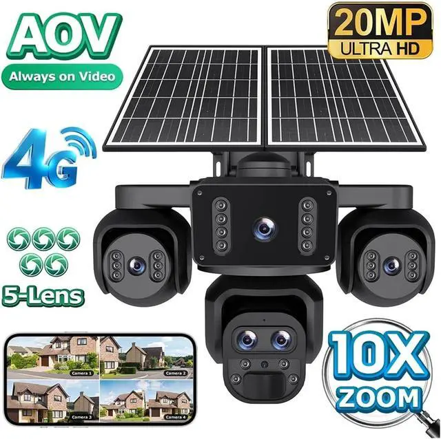 Alt view image 2 of 7 - 20MP 10X Zoom Camara Solar 4G SIM 5 Lens 4 Screens Security Protection 360° Auto Tracking Home Surveillance Systems(5L Camera 10X Zoom)