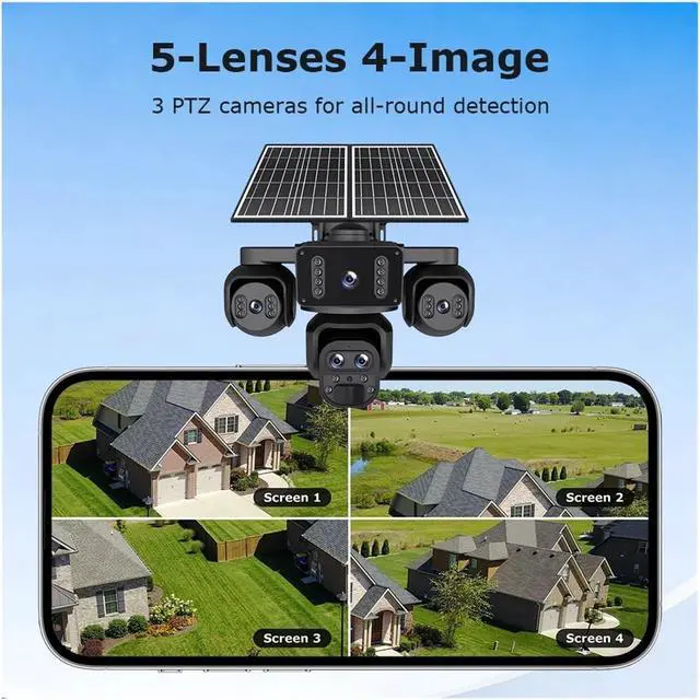 Alt view image 4 of 7 - 20MP 10X Zoom Camara Solar 4G SIM 5 Lens 4 Screens Security Protection 360° Auto Tracking Home Surveillance Systems(5L Camera 10X Zoom)