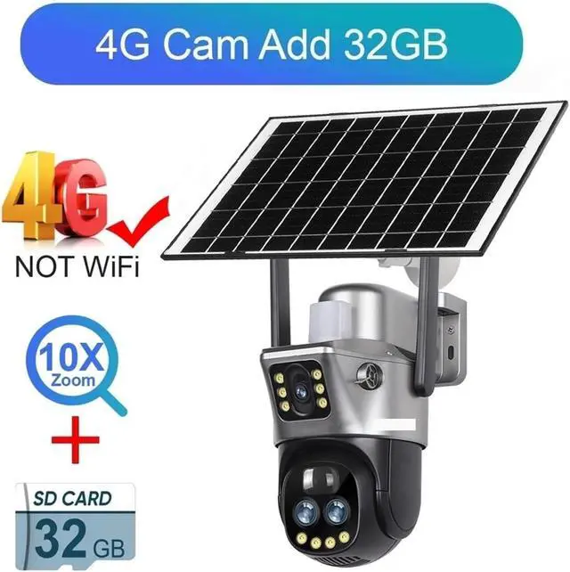 Alt view image 2 of 7 - Vision 6K 4G WiFi Solar Camera 10x Zoom Three Lens PTZ Outdoor Surveillance CCTV IP Camara Ai Tracking WiFi Security Cam V380(4G 10XZoom Add 32G)