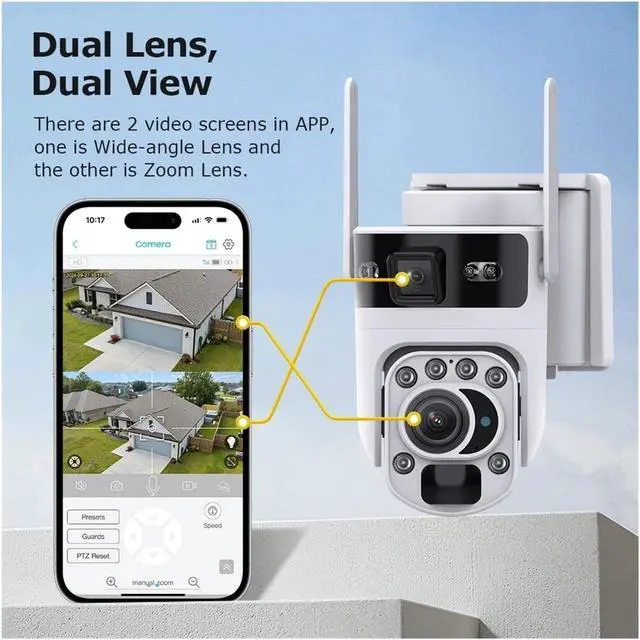Alt view image 3 of 7 - 4G 60x Zoom Dual-Lens Solar-Powered Camera with WiFi Outdoor Wireless Surveillance Camera, Dual-View Security high-Definition Video Monitor(WiFi Cam No Card)