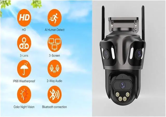 Alt view image 2 of 7 - Three Screen WiFi IP Camera Outdoor Dual Lens Camera Ai Human Detection Waterproof CCTV Video Security Camera ICsee(AU Plug,3 Lens)