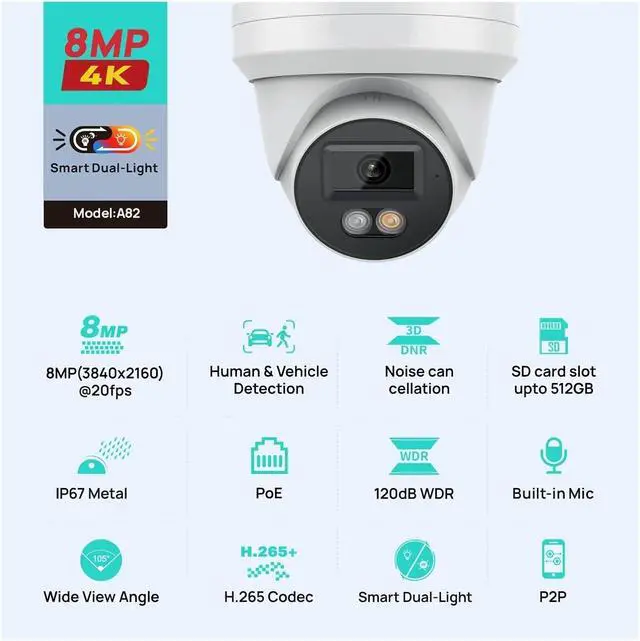 Alt view image 2 of 7 - 4K 8MP POE Security Cam Dual Light Human Vehicle Detection IP67 ONVIF SD Storage Two-Way Audio
