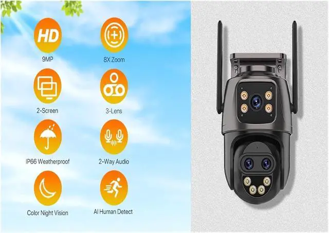 Alt view image 2 of 7 - WiFi IP Camera Outdoor 8X Zoom Three Lens Dual Screen PTZ Camera Auto Tracking Home Security CCTV Surveillance ICSEE(EU Plug)